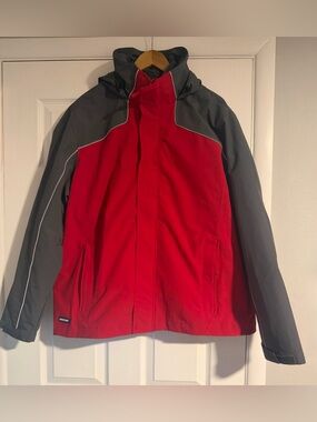 Lands' End Men’s Red and Gray Hooded Rain Jacket